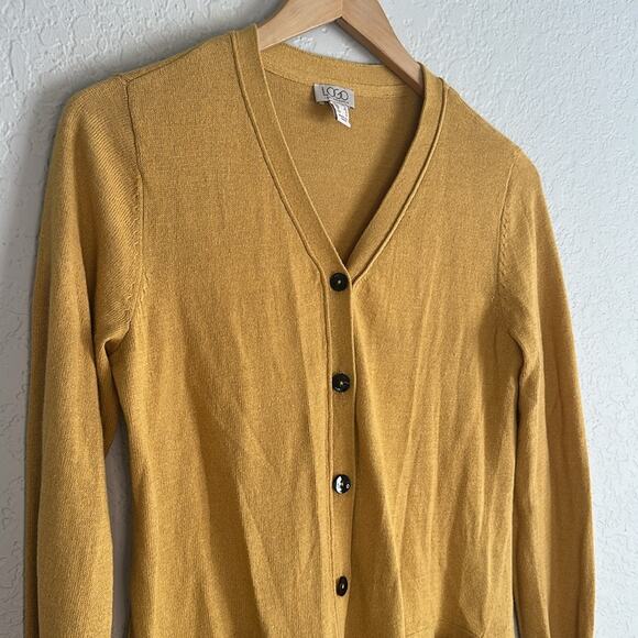LOGO Lori Goldstein Cardigan Sweater Lace Trim Cottage Mustard Gold Pockets Fall - Picture 6 of 8
